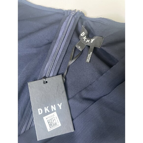 DKNY Faux Wrap Asymmetrical Short Sleeve V Neck Midi Dress 4 S Navy Blue NWT - Picture 4 of 9